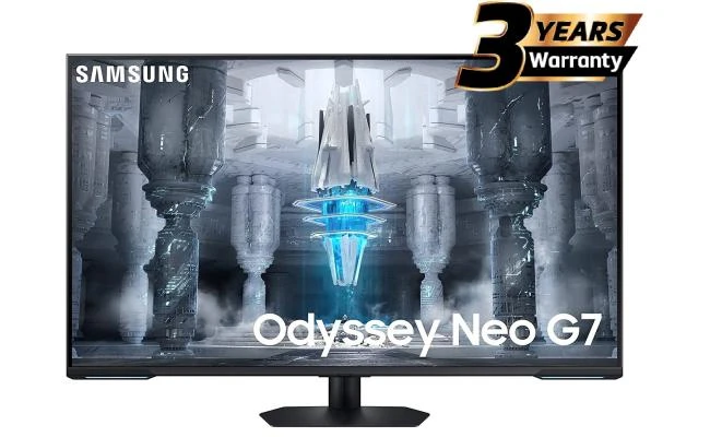 شاشة Samsung Odyssey Neo G7 43 بوصة (CG700) Smart Tizen 4K UHD Flat HDMI 2.1، VA Quantum Matrix Mini-Led، 144 هرتز، 1 مللي ثانية، HDR10+، 10 بت، تغطية DCI بنسبة 95%، FreeSync مع مزامنة أساسية ومكبرات صوت