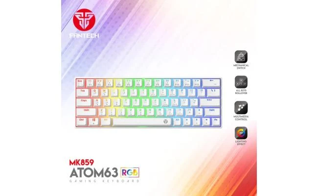 FANTECH ATOM63 MK859 WIRED RGB 60% لوحة مفاتيح ميكانيكية معيارية للألعاب، قابلة للفصل من النوع C، مفتاح أحمر-أبيض(عربي)