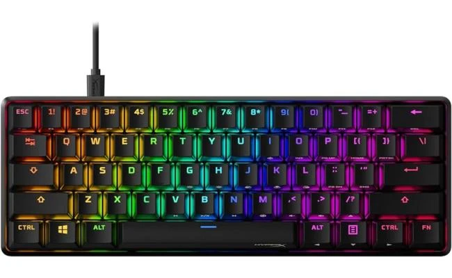 لوحة مفاتيح ألعاب HyperX Alloy Origins 60 PBT Linear Red Switch ميكانيكية RGB سلكية، عامل شكل مضغوط للغاية بنسبة 60%، كابل USB-C قابل للفصل، أغطية مفاتيح PBT مزدوجة، هيكل من الألومنيوم بالكامل