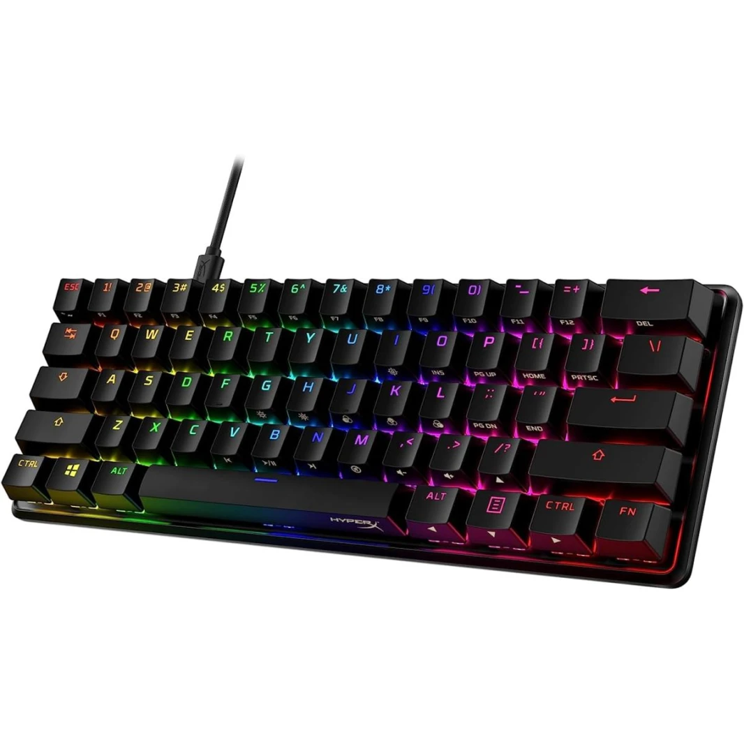 لوحة مفاتيح ألعاب HyperX Alloy Origins 60 PBT Linear Red Switch ميكانيكية RGB سلكية، عامل شكل مضغوط للغاية بنسبة 60%، كابل USB-C قابل للفصل، أغطية مفاتيح PBT مزدوجة، هيكل من الألومنيوم بالكامل