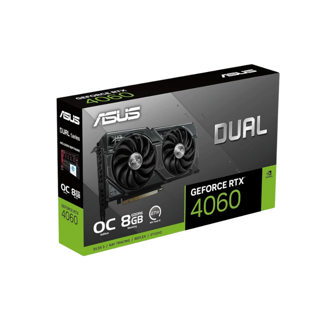 ASUS Dual GeForce RTX™ 4060 OC Edition 8GB GDDR6 (PCIe 4.0, 8GB GDDR6, DLSS 3, HDMI 2.1a, DisplayPort 1.4a, 2.5-Slot Design, Axial-tech Fan Design, 0dB Technology, and More)