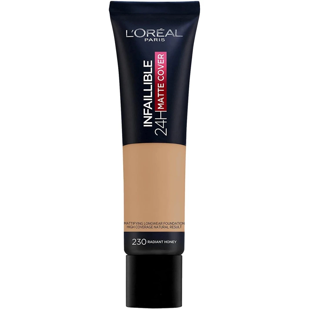 LOREAL Paris Foundation, Infallible Matte Cover 24Hour (230) Radiant Honey, Sweat-Proof, Heat-Proof, Transfer-Proof And Water-Proof, Spf 18, 30 ml