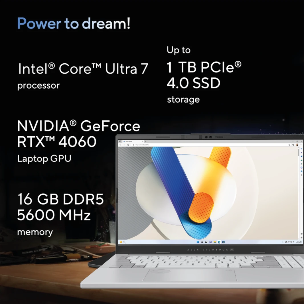 ASUS Vivobook Pro 15 OLED (2024), AI Ready, 15.6” 3K 120Hz OLED Laptop, Intel Core Ultra 7 155H, NVIDIA GeForce RTX™ 4060, 1TB SSD,  Cool Silver