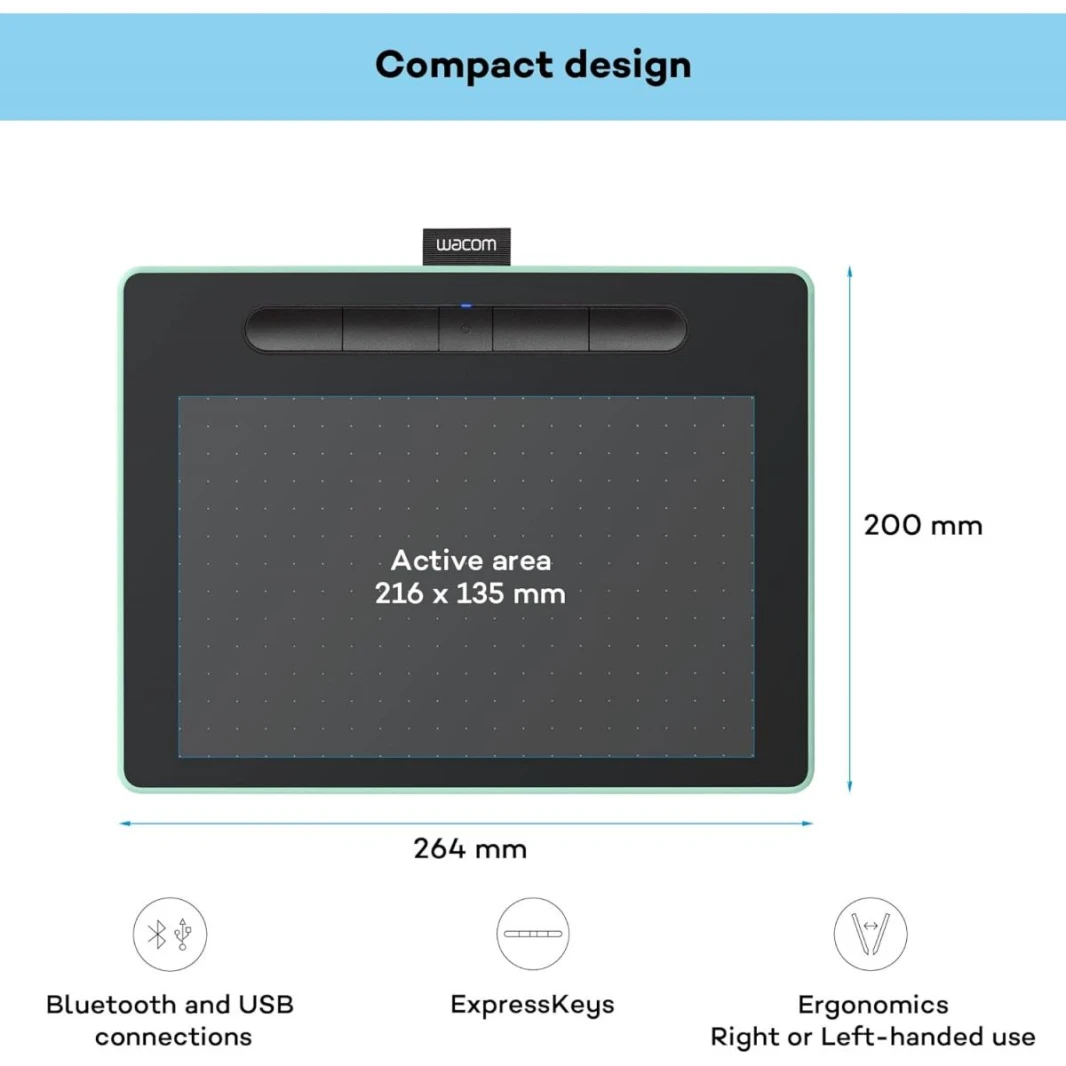 Wacom Intuos M Pistachio-green with Bluetooth – Drawing Tablet with Pen, Stylus Battery-free & Pressure-sensitive, Compatible with Windows & Mac, Perfect Tablet for Drawing, Graphics