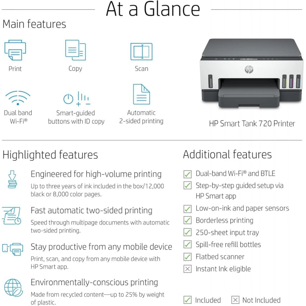 HP Smart Tank 720 All-in-One Printer Wireless, Print, Scan, Copy, Auto Duplex Printing, Print up to 18000 black or 8000 color pages, White/Grey