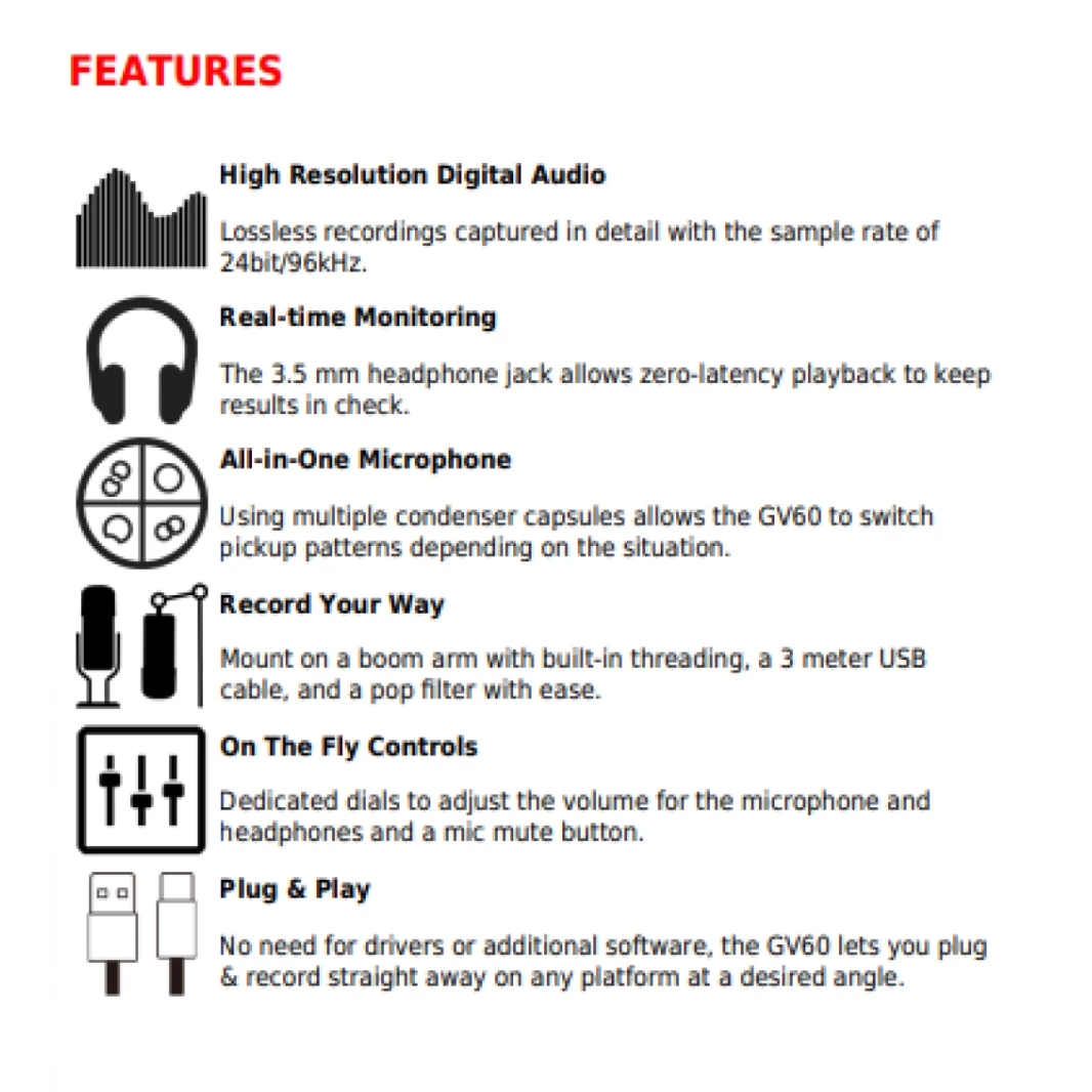 IMMERSE GV60 Streaming Professional MIC USB Type-C Interface and 3.5mm Aux, with Intuituve Control in  4 Modes Stereo, Omnidirectional, Cardioid and Bidirectional