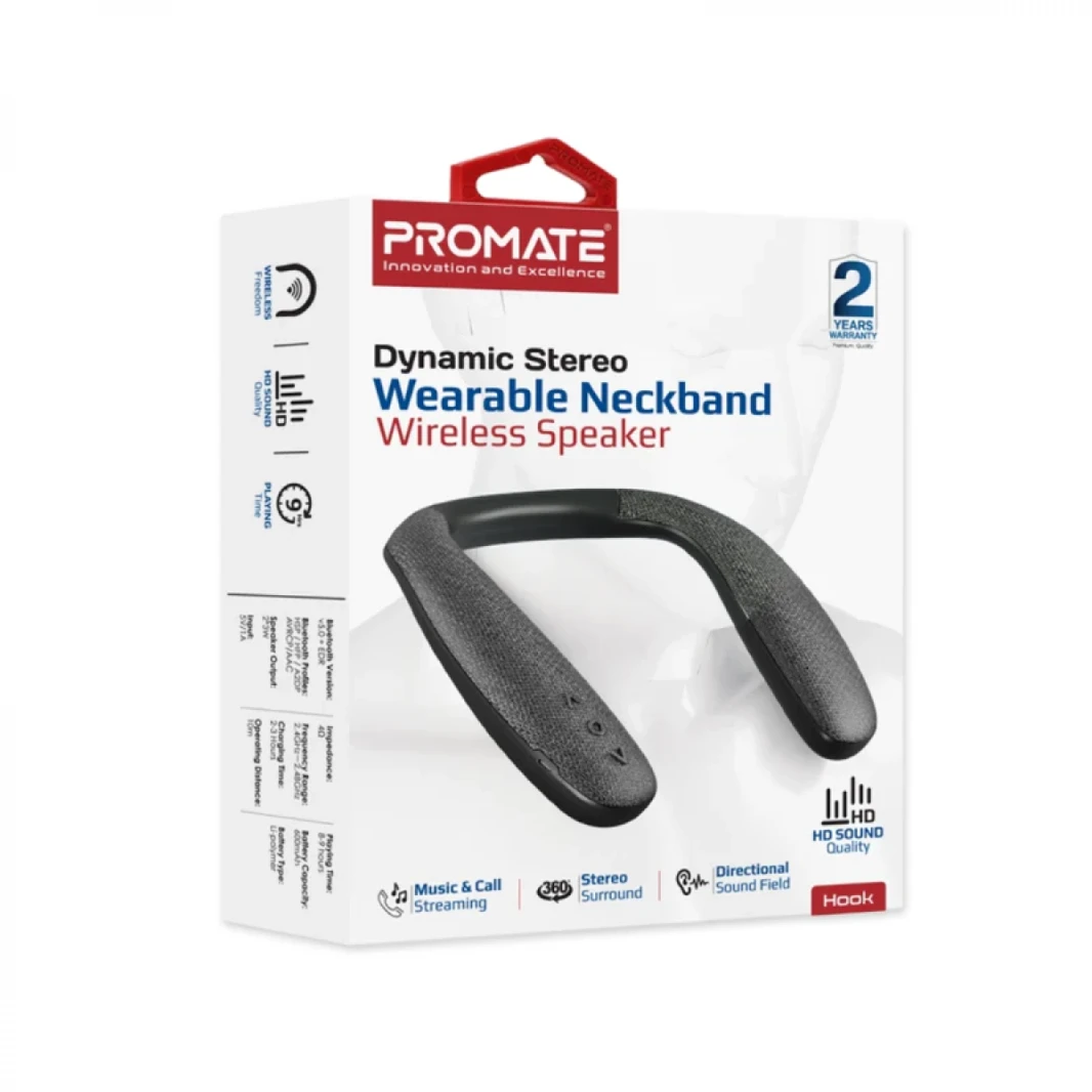 Promate Hook Dynamic Stereo Wearable Neckband Wireless Speaker with 360-Degree Sound, 9H Playtime-Black