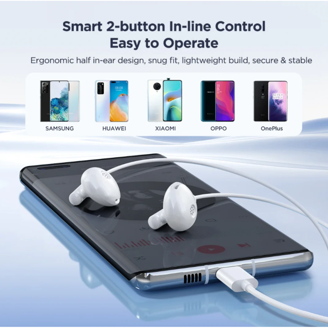 Joyroom JR-EC05 TYPE-C Series Half In-Ear Wired Earphones-White for iPhone 15 & Samsung