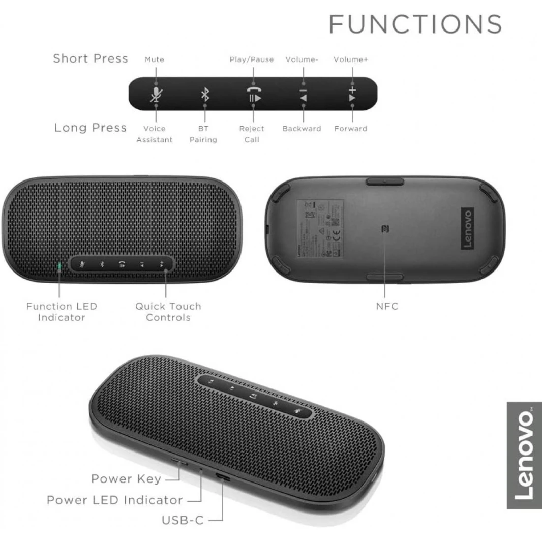 Lenovo 700 Ultraportable Bluetooth Speaker, USB-C & NFC Connectivity, Rechargeable Battery, 2 Hour Charge for 12 Hours Play, IPX2 Splash Resistance, Black