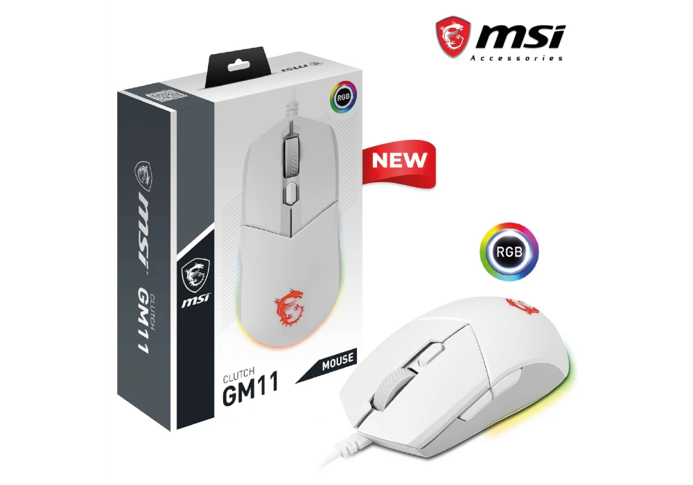 MSI Clutch GM20 Elite Gaming Mouse, 6400 DPI, 20M+ Clicks OMRON Switch, Optical Sensor, Adjustable Weights, Ergonomic Right Hand Design, RGB Mystic Light