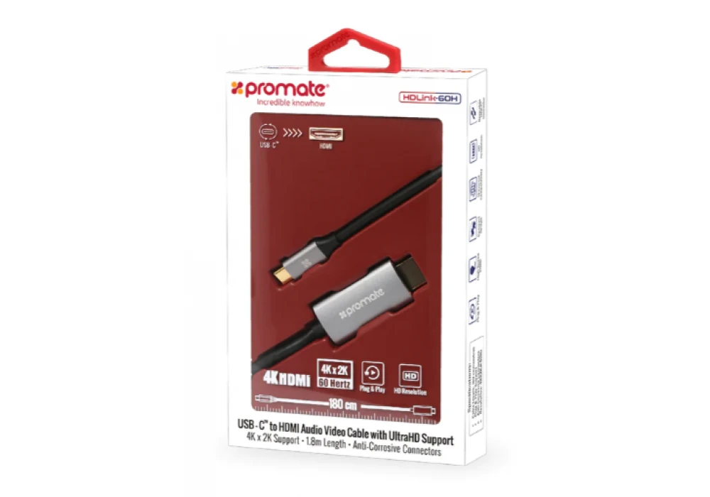 Promate HDLink-60H USB C to HDMI Cable Adapter (Thunderbolt 3 Compatible), High-Speed HDMI 1.8m Cable with 4K 60Hz UHD Support - 2 Year Warranty