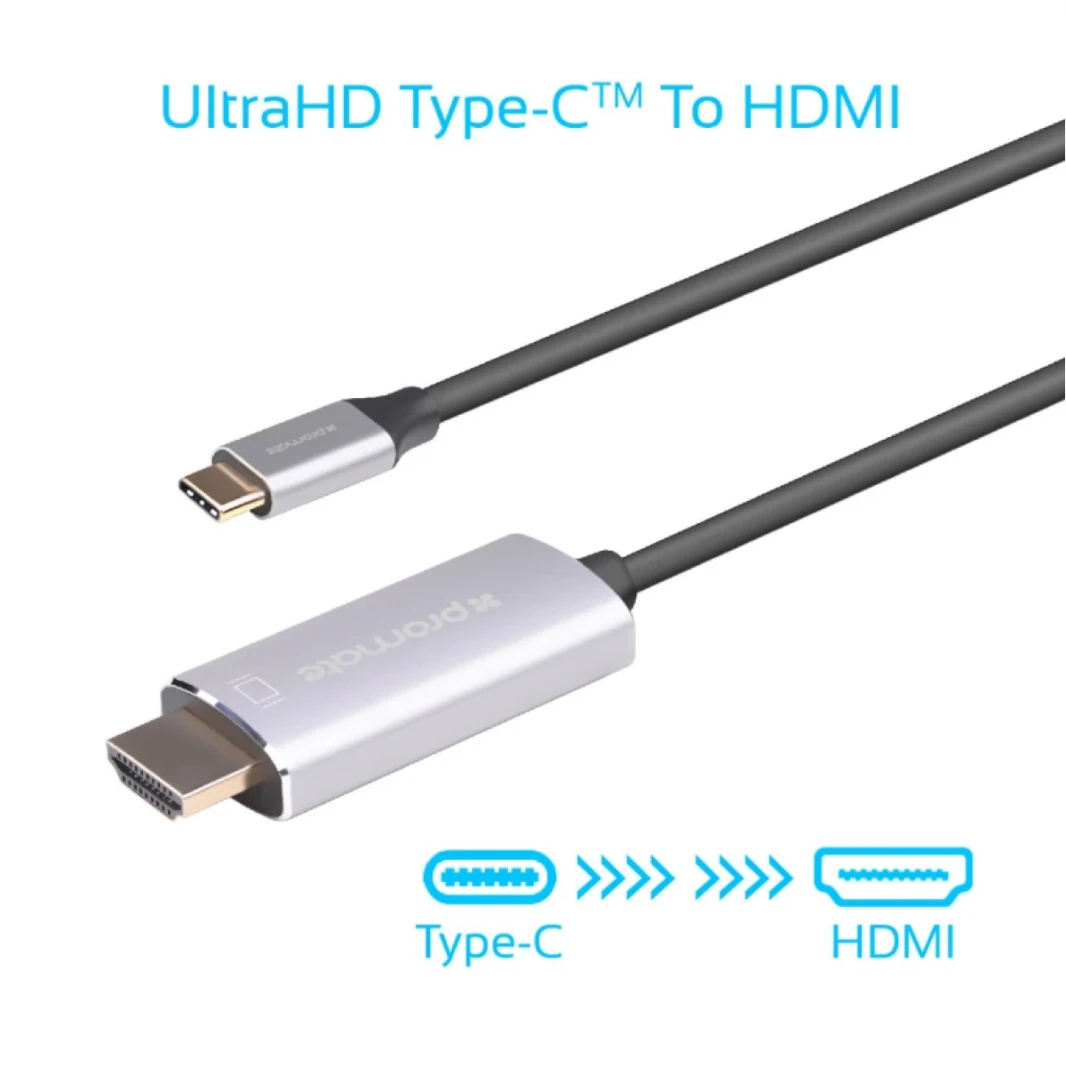 Promate HDLink-60H USB C to HDMI Cable Adapter (Thunderbolt 3 Compatible), High-Speed HDMI 1.8m Cable with 4K 60Hz UHD Support - 2 Year Warranty