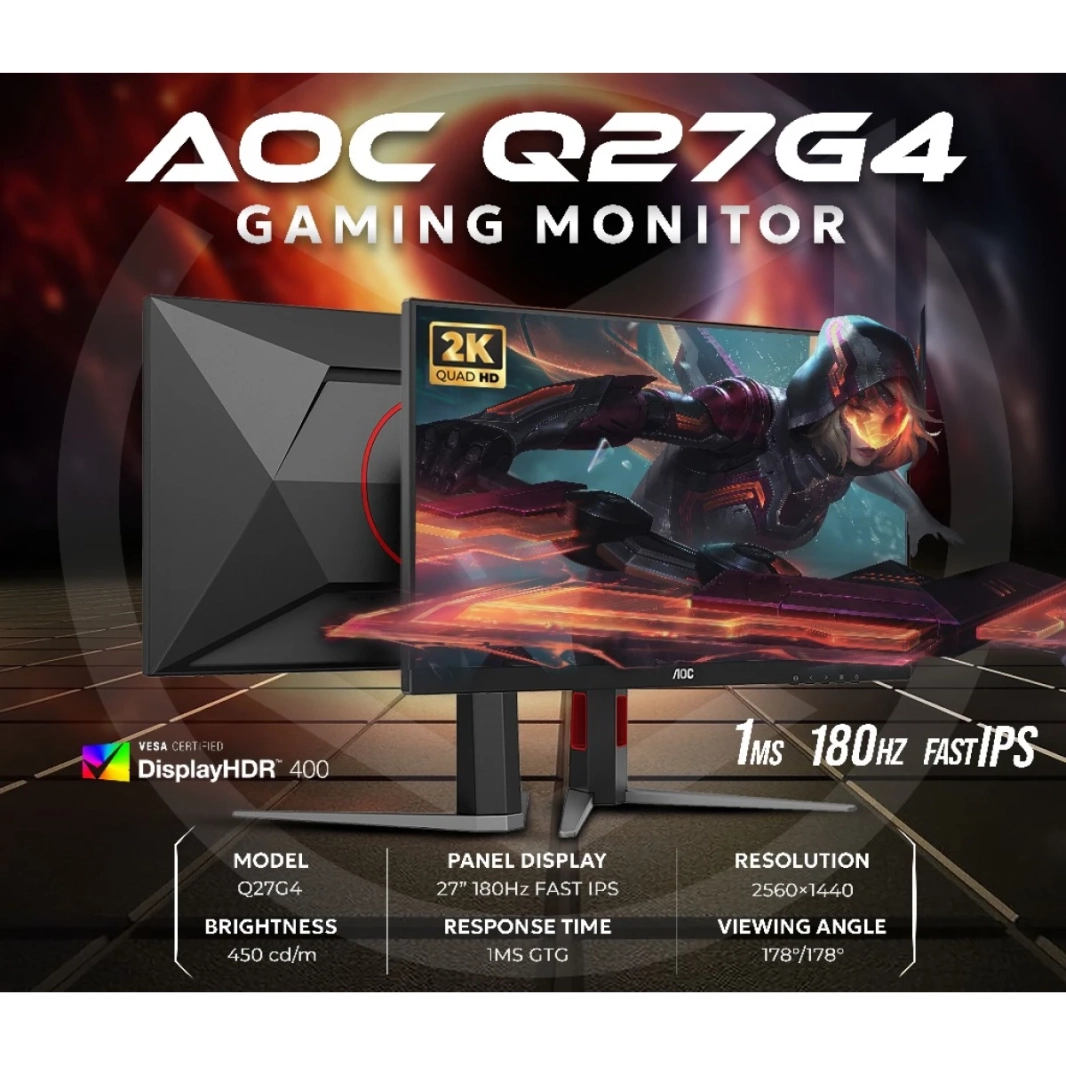 AOC Q27G4 Gaming 27 "FAST IPS 2K QHD 180HZ 1MS HDR400 SRGB 127 ٪ 1.07BILLION COLLES