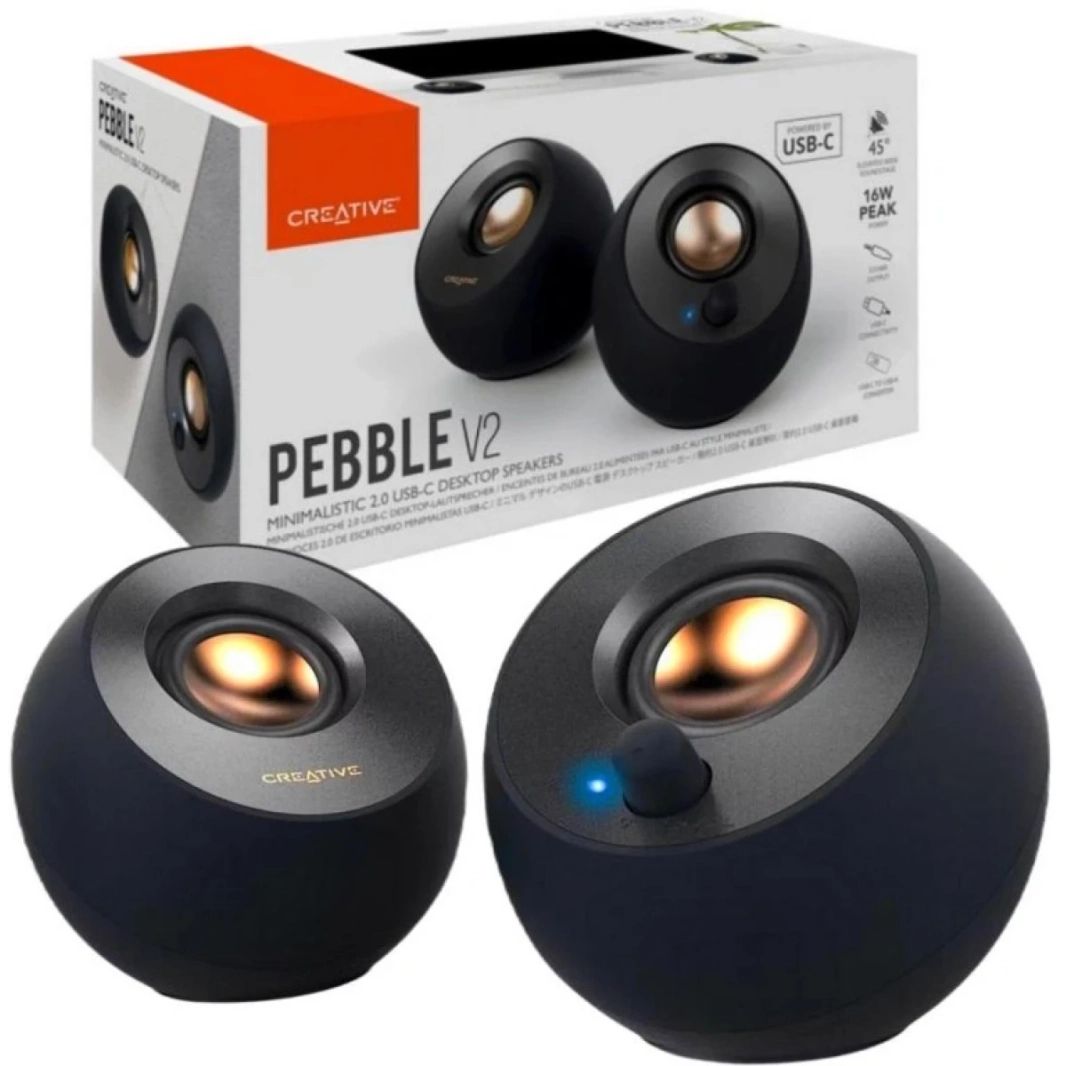 Creative Pebble V2 الحد الأدنى 2.0 USB-C مدعوم 3.5 مم AUX-in ما يصل إلى 8W RMS من النوع A-A CABLE و EXTEDED CABLE-أسود