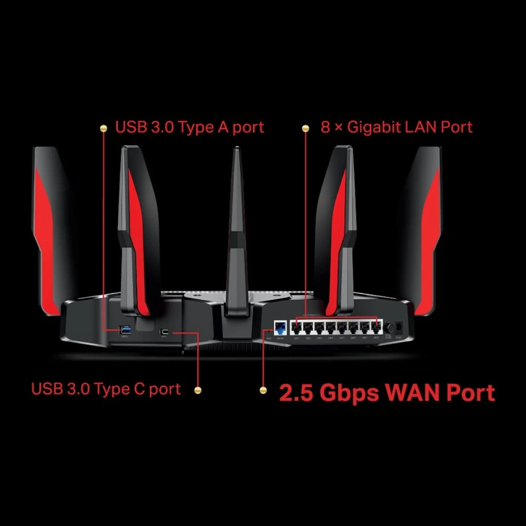 راوتر الألعاب TP-Link Archer AX11000 ثلاثي الموجات Wi-Fi 6 فائق السرعة 10 جيجابت في الثانية ذكي مع وحدة المعالجة المركزية رباعية النواة 1.8 جيجا هرتز 64 بت - أسود