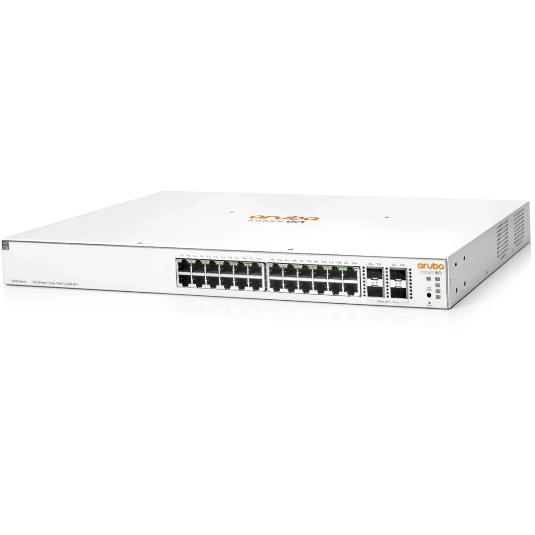 Aruba Instant On 1930 24-Port PoE+ Switch مُدار مع 4x SFP + 128 جيجابت / ثانية قدرة التحويل 370 واط ميزانية الطاقة - أبيض