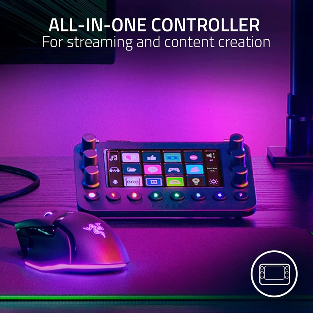 وحدة تحكم Razer Stream، لوحة مفاتيح الكل في واحد للبث، 12 مفتاحًا لمسيًا، 6 أقراص تناظرية تعمل باللمس، 8 أزرار قابلة للبرمجة مصممة للكمبيوتر الشخصي