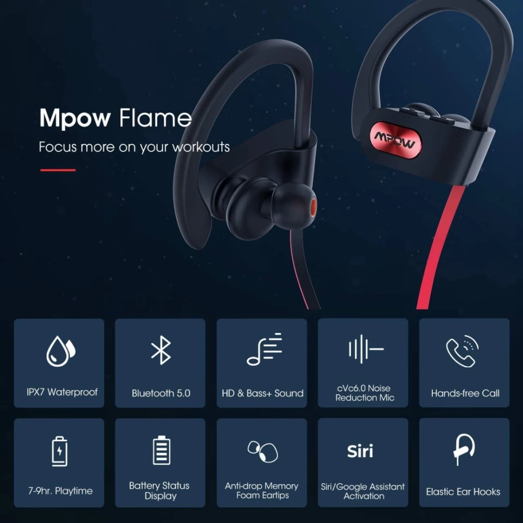 MPOW FLAME IPX7 PLUETOOTH V5.0 مع استريو إلغاء الضوضاء MIC HIFI ، الأزرق