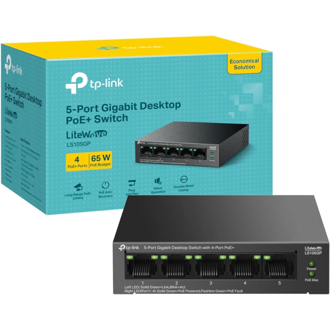 محول سطح مكتب TP-Link LS105GP 5 منافذ جيجابت مع 4 منافذ PoE + حتى 10 جيجابت في الثانية 65W PoE سطح المكتب أو هيكل معدني بتصميم مثبت على الحائط