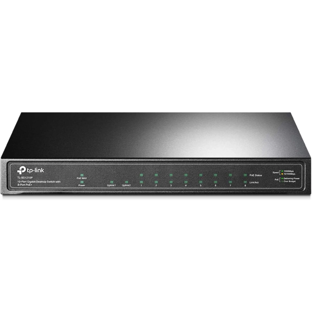 TP-Link TL-SG1210P محول 8 منافذ جيجابت PoE بقدرة 63 وات، 1 منفذ جيجابت للوصلة الصاعدة، 1 فتحة SFP، تحسين حركة المرور على سطح المكتب/الجدار