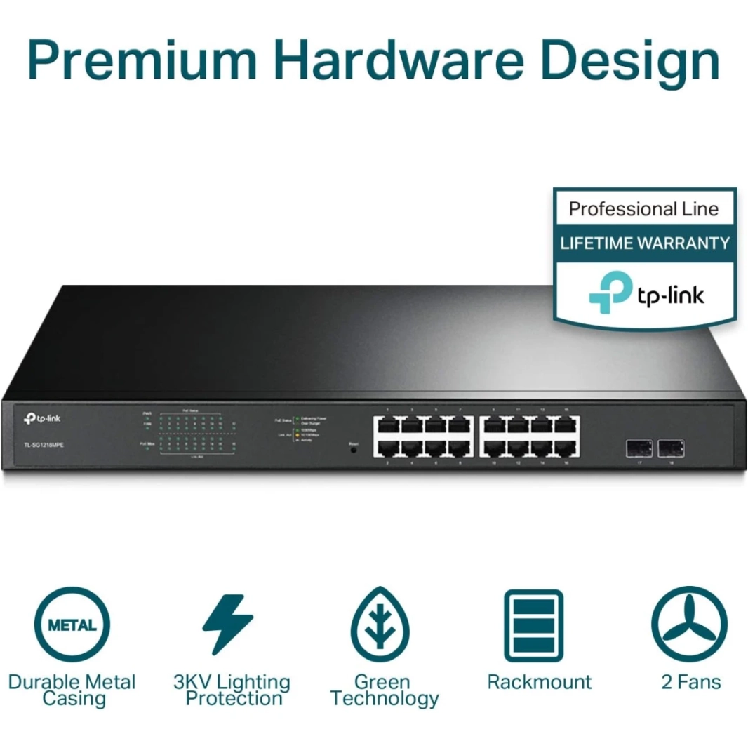 TP-Link TL-SG1218MPE محول جيجابت PoE 16 منفذًا ذكيًا بقدرة 250 وات، 2 منافذ غير PoE، 2 فتحات Combo SFP، QoS Vlan IGMP & LAG