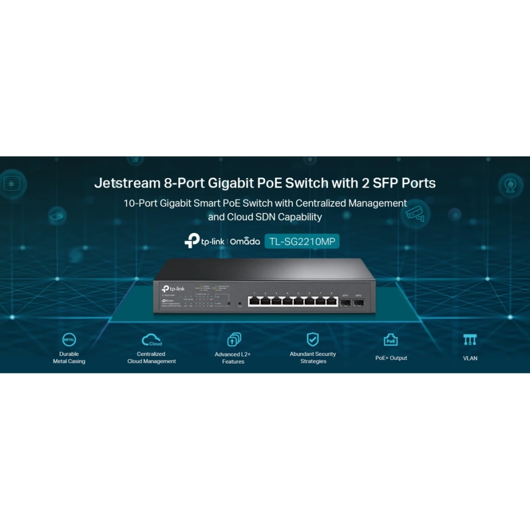 TP-Link TL-SG2210MP Jetstream 10 Port Gigabit Smart Managed 8 PoE+ Ports 150W 2 SFP Slots Support Omada SDN PoE Recovery IPv6 توجيه ثابت