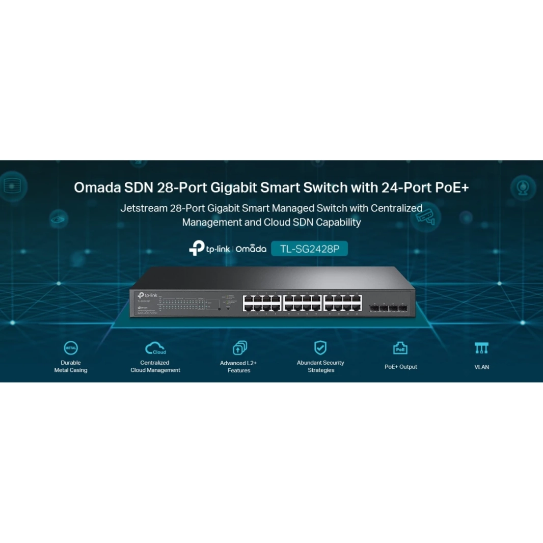 TP-Link TL-SG2428P Jetstream 24 Port Gigabit Smart Managed PoE Switch 24 PoE+ Ports @250W & 4 SFP Slots Omada SDN متكامل