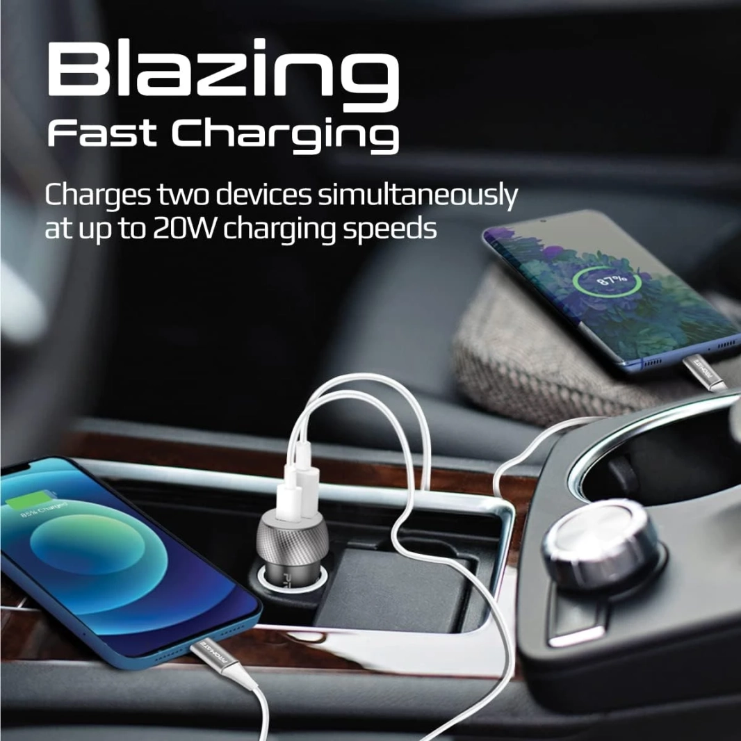 شاحن سيارة صغير بروميت DriveGear-20W، شحن سريع للغاية 20 وات USB-C مزدوج وشحن سريع 3.0 عامل شكل مضغوط