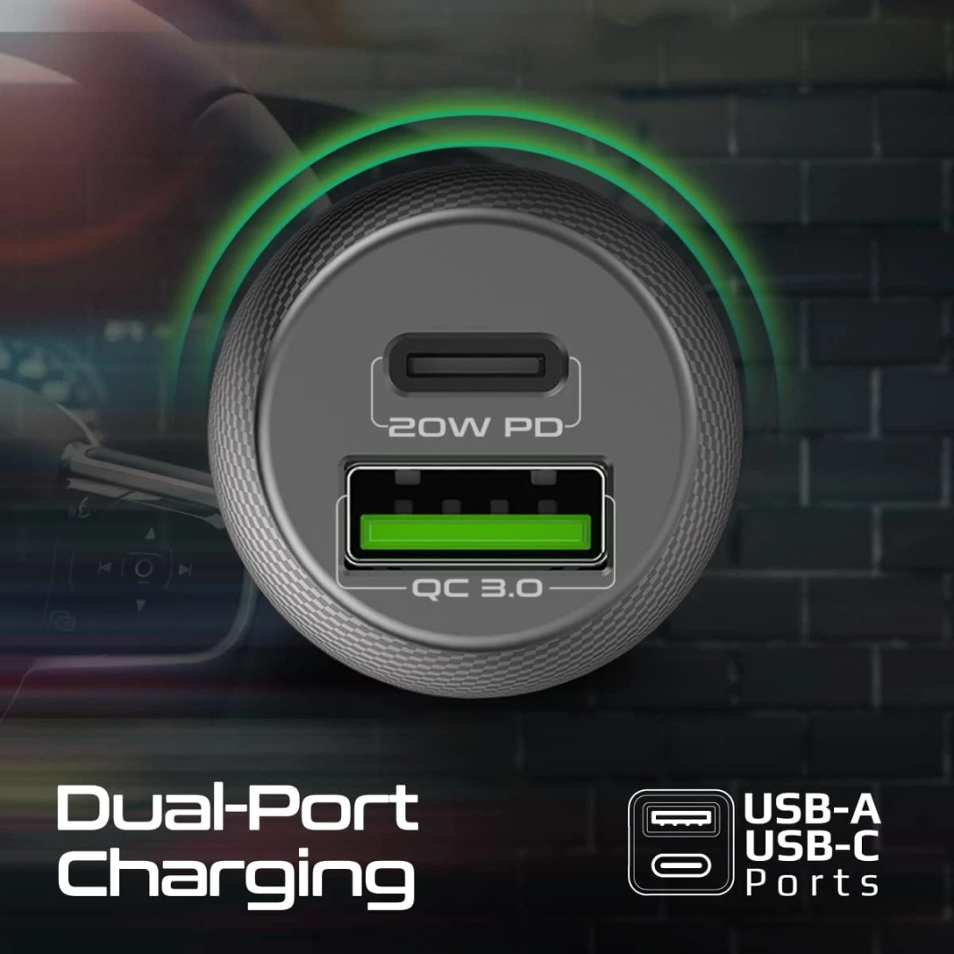 شاحن سيارة صغير بروميت DriveGear-20W، شحن سريع للغاية 20 وات USB-C مزدوج وشحن سريع 3.0 عامل شكل مضغوط