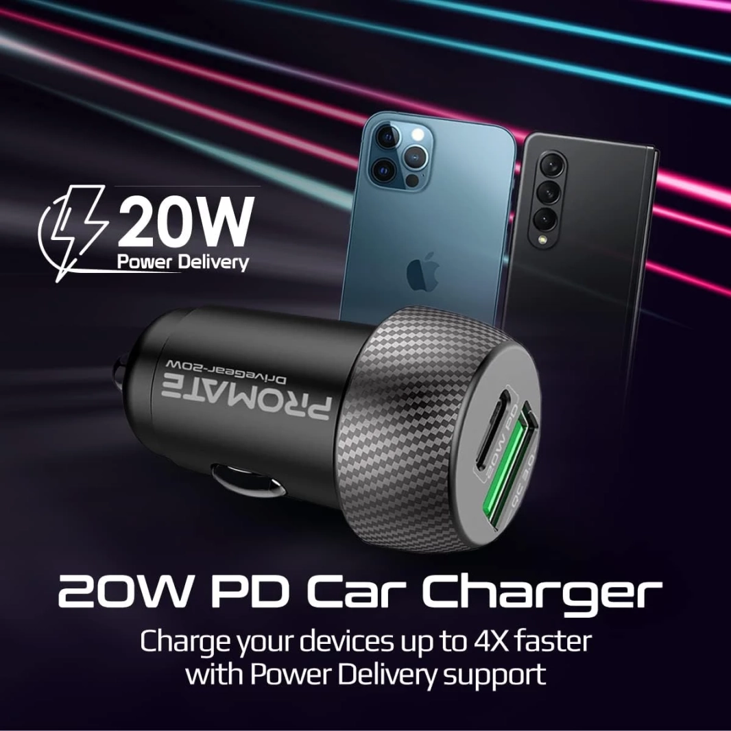 شاحن سيارة صغير بروميت DriveGear-20W، شحن سريع للغاية 20 وات USB-C مزدوج وشحن سريع 3.0 عامل شكل مضغوط