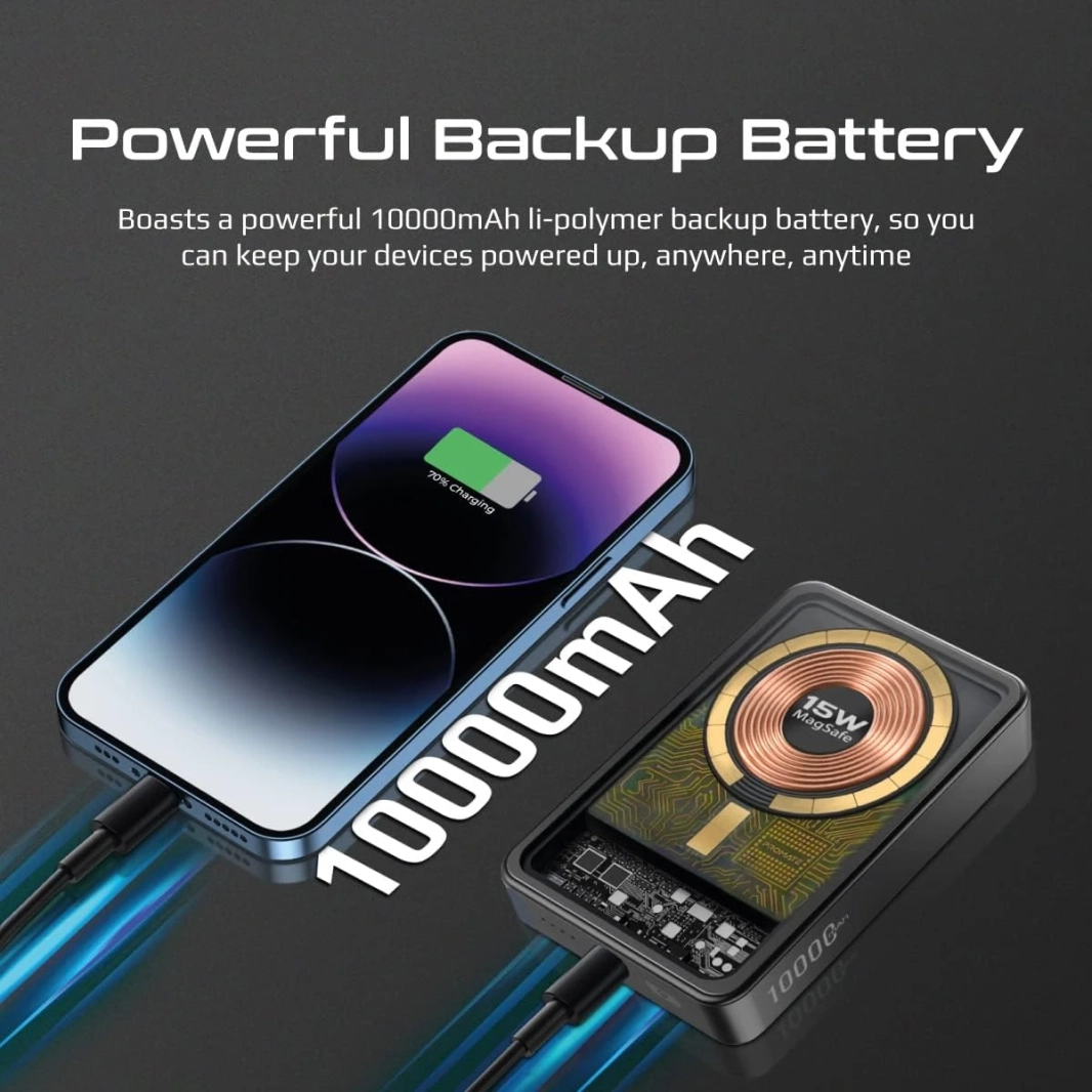 حزمة بطارية بروميت LucidPack-10 Premium 10000 مللي أمبير في الساعة مع شحن مغناطيسي 15 وات و20 وات USB-C للحماية من الشحن الزائد - أسود