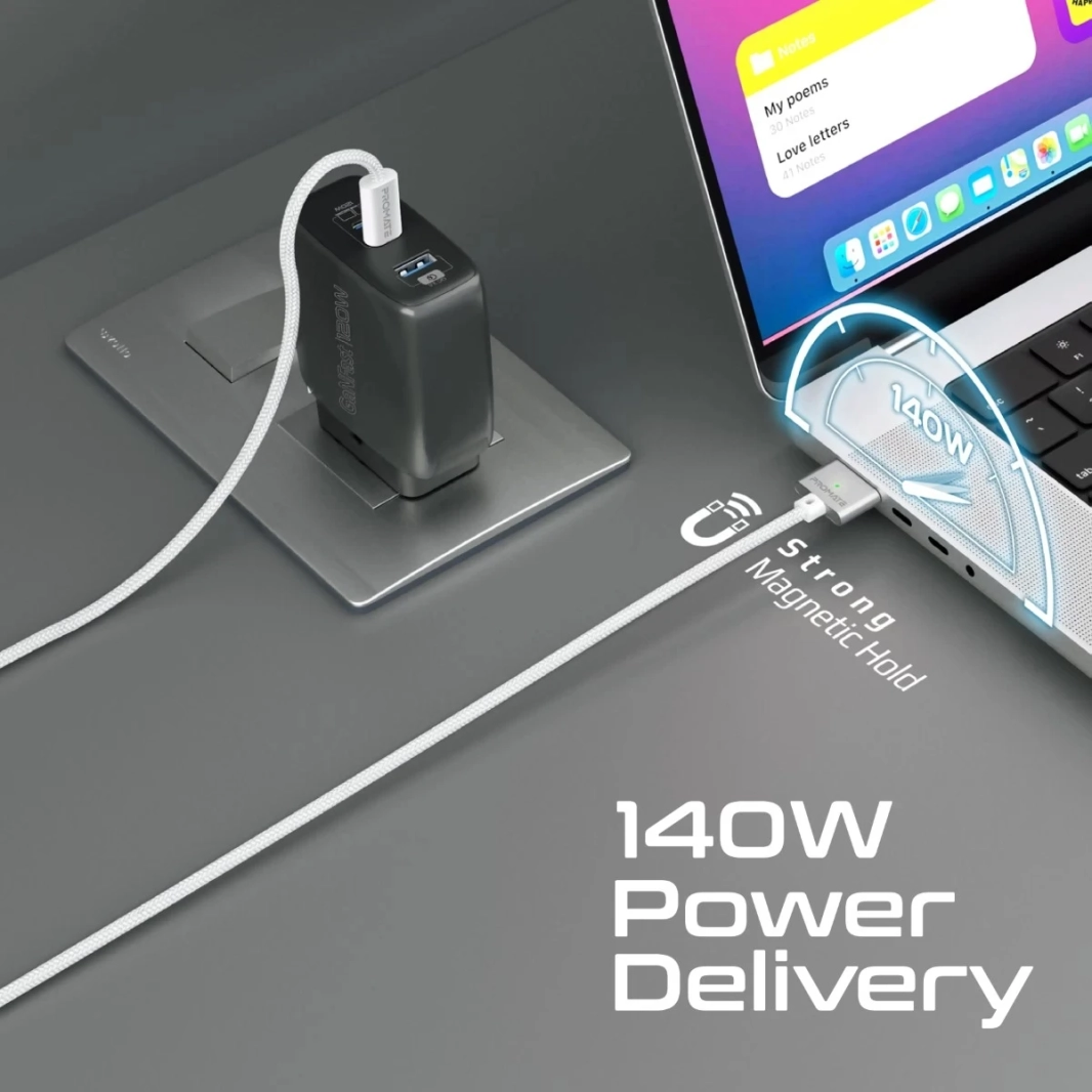 PROMATE MAGCORD-140PD MACBOOK دائمة USB-C إلى Magsafe 3 شحن كابل مع 140W توصيل الطاقة 2M نايلون مضفر