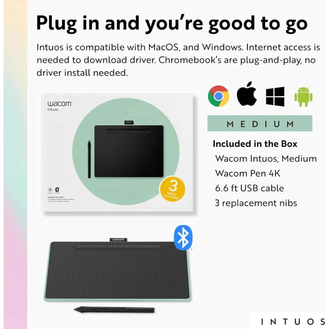 تابلت الرسم Wacom Intuos متوسط الحجم بتقنية البلوتوث، محمول للمعلمين والطلاب والمبدعين، 4 مفاتيح سريعة قابلة للتخصيص لأجهزة Chromebook Mac OS Android وWindows - أسود