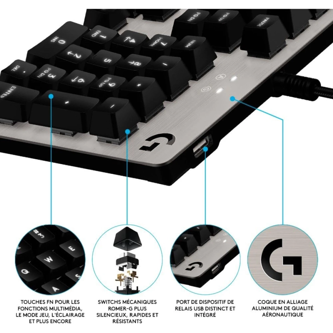 لوجيتك G413 مفاتيح رومر-G الميكانيكية اللمسية الخلفية USB تمرير من خلال سبائك الألومنيوم والمغنيسيوم - فضي