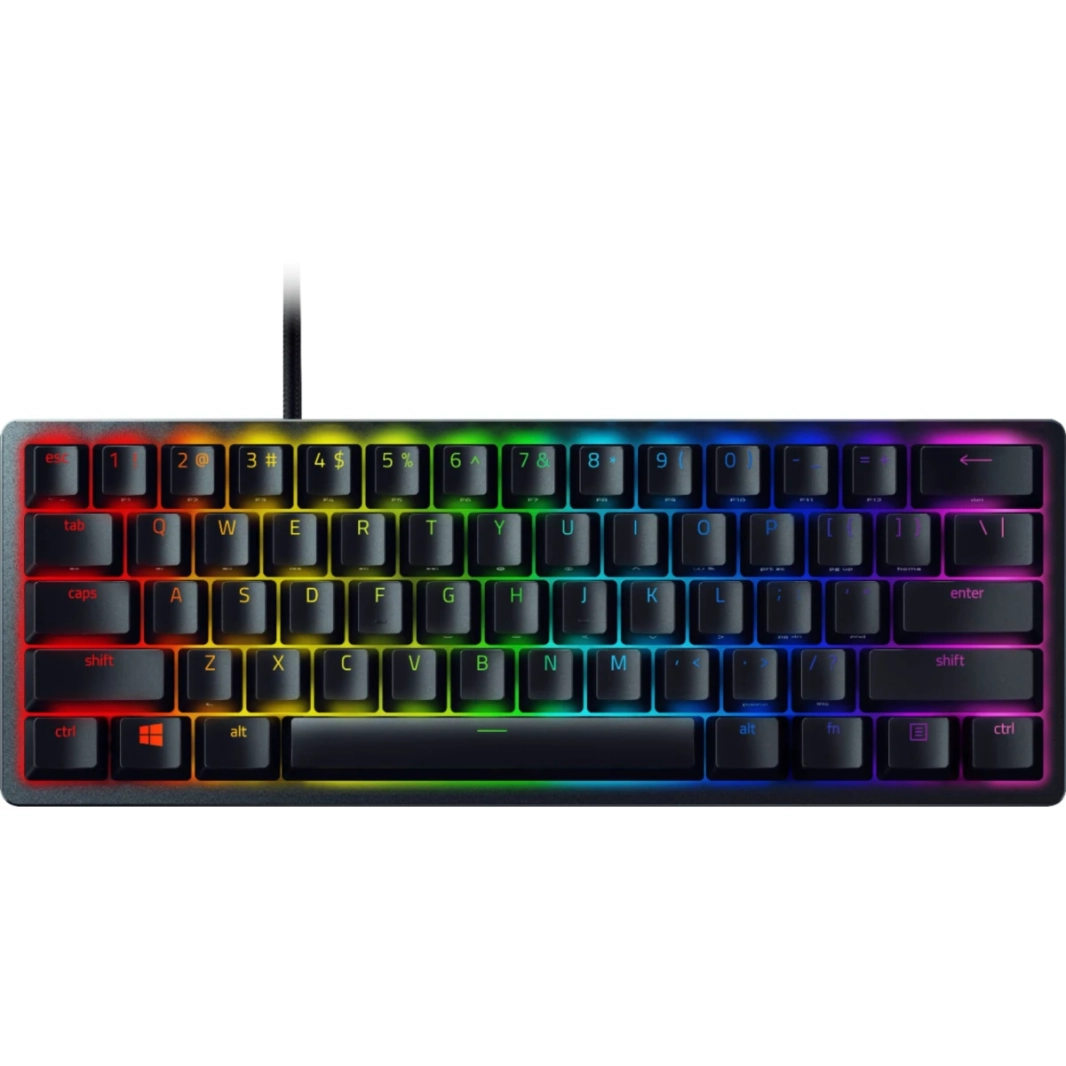 Razer Huntsman Mini 60% Clicky Optical-Mechanical Switches Doubleshot PBT Keycaps كابل USB-C قابل للفصل (مفتاح أرجواني) - أسود