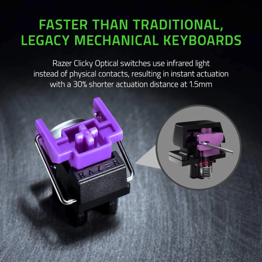 Razer Huntsman Mini 60% Clicky Optical-Mechanical Switches Doubleshot PBT Keycaps كابل USB-C قابل للفصل (مفتاح أرجواني) - أسود