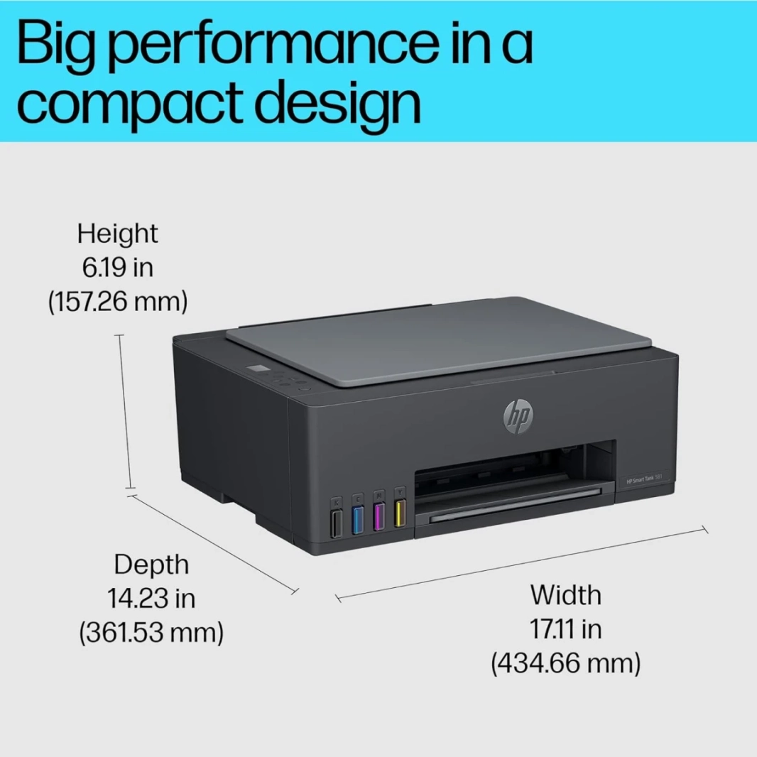 HP Smart Tank 581 الكل في واحد (طباعة، مسح ضوئي، نسخ) طابعة ملونة بخزان حبر لاسلكي خزان عالي السعة (يصل إلى 18000 لون أسود و8000 لون)