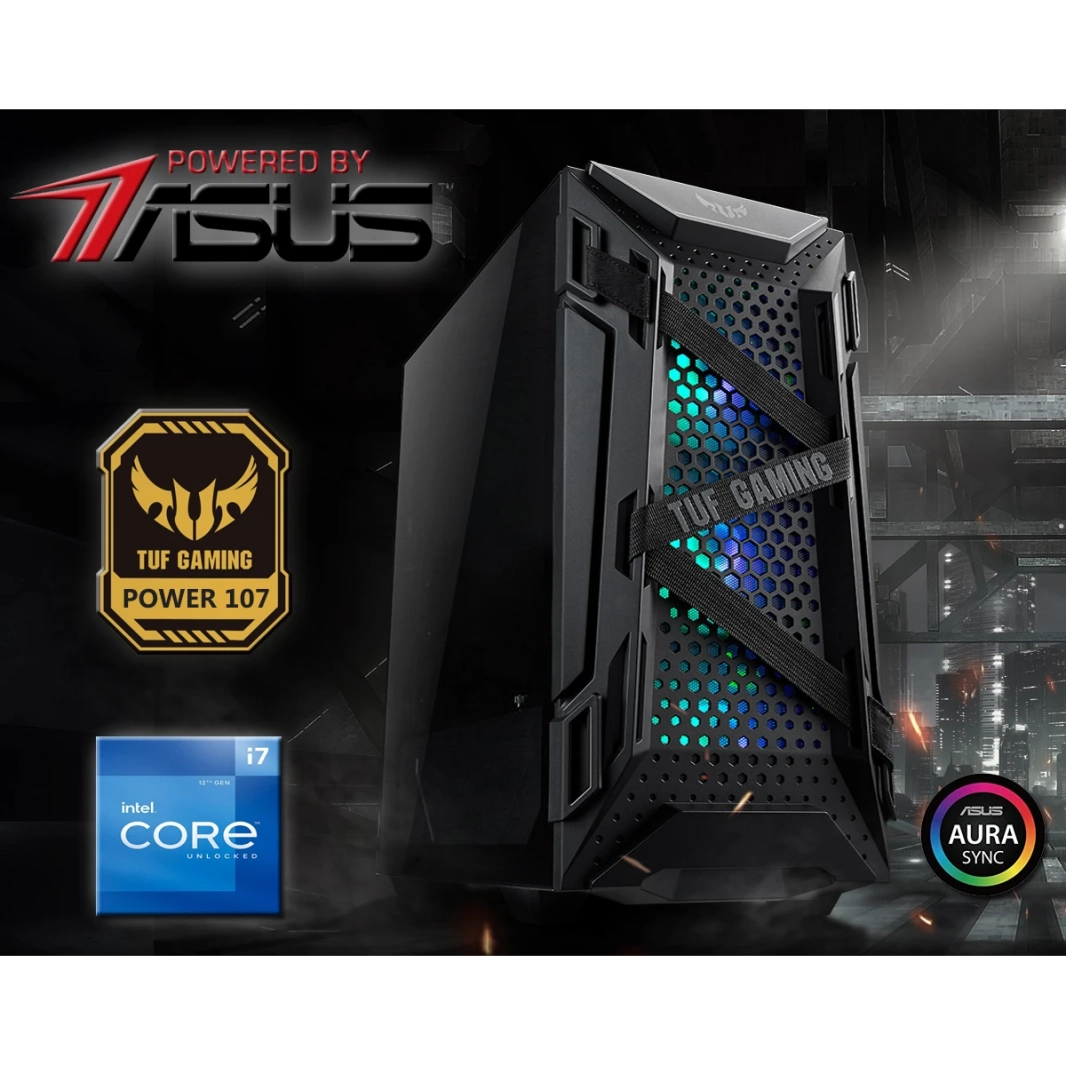 كمبيوتر POWER BY ASUS POWER 107 عالي الأداء للألعاب مع معالج Core i7 من الجيل الثاني عشر و12 نواة مع رسومات اختيارية وتبريد متقدم