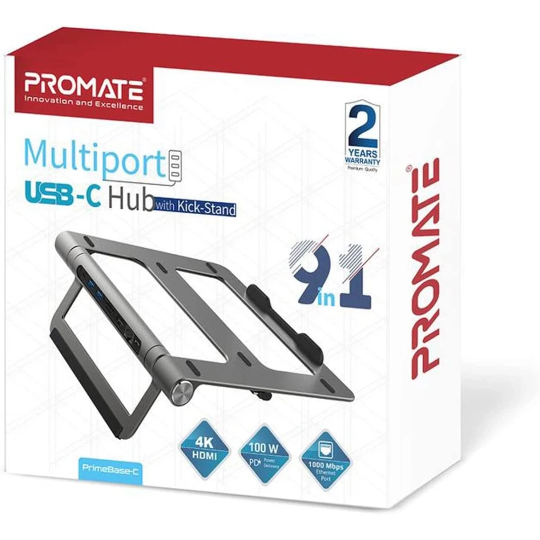 PROMATE Aluminium Laptop Stand 9-in-1 USB-C HUB قابلة للفصل 100W USB-C توصيل الطاقة 4K HDMI PORT 1GBPS PORT 2XUSB 3.0 PORTS & MICROSD SLOT