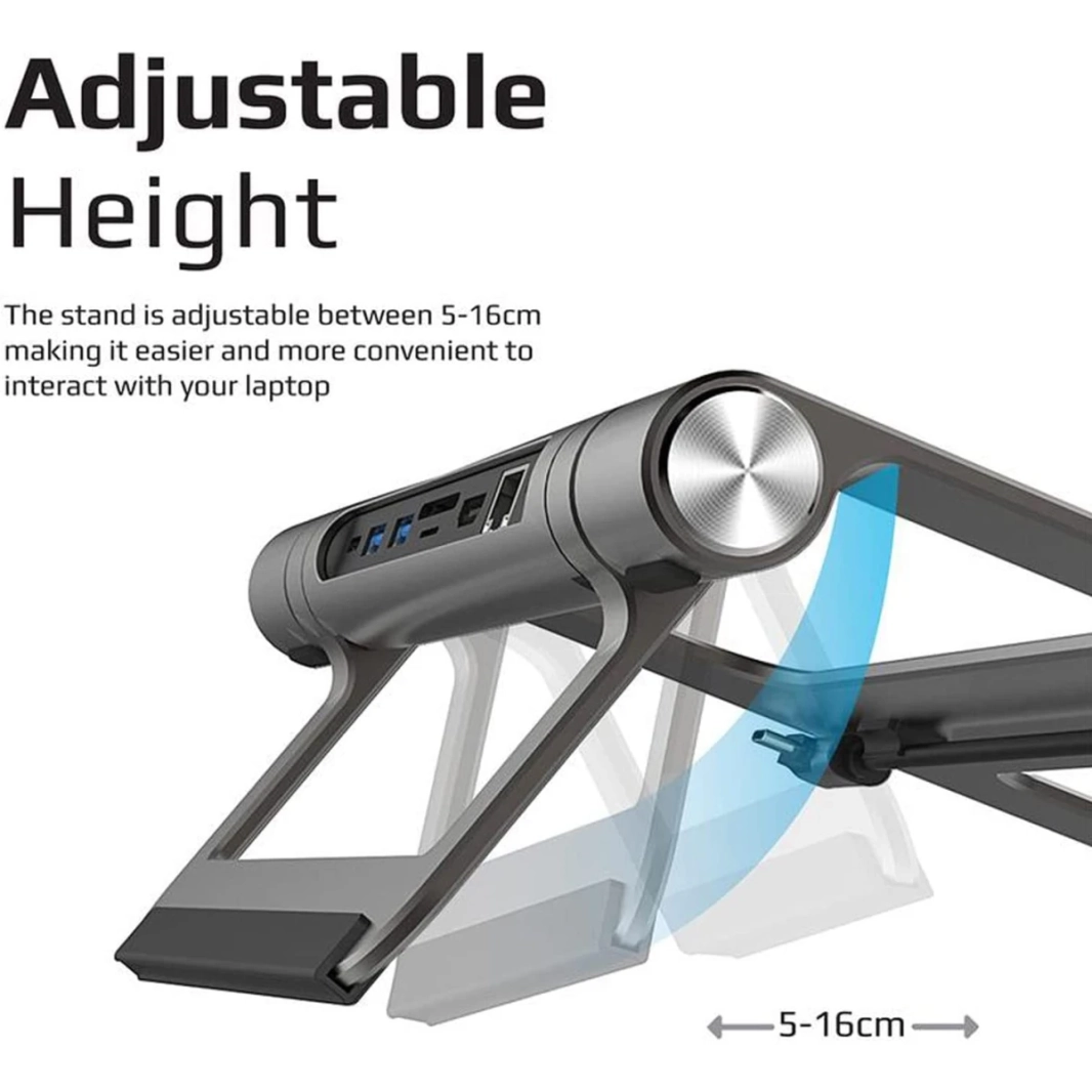 PROMATE Aluminium Laptop Stand 9-in-1 USB-C HUB قابلة للفصل 100W USB-C توصيل الطاقة 4K HDMI PORT 1GBPS PORT 2XUSB 3.0 PORTS & MICROSD SLOT