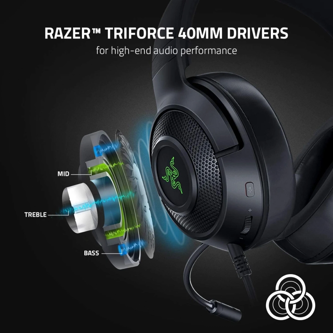 Razer Kraken V3 X Wired USB 7.1 صوتي محيطي خفيف الوزن بنية Triforce 40mm برامج تشغيل Hyperclear Mic Mic Chroma RGB الإضاءة - أسود