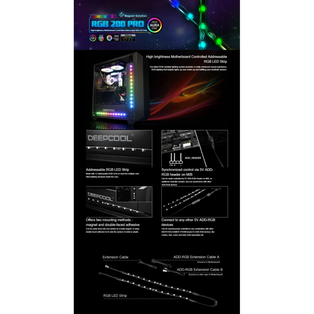 DeepCool RGB 200 Pro Color Adqualpable LED Strip Strip Magnetic Kit