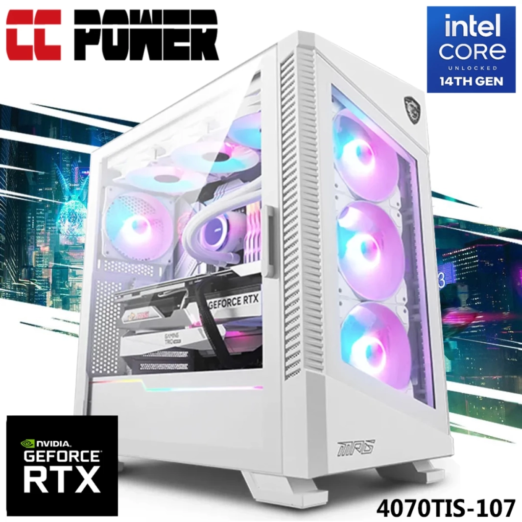 CC Power 4070TIS-107 Gaming PC NEW 14GEN Intel Core I7 20-CORES W/ RTX 4070TI Super 16GB DDR6 W/ DDR5 تبريد سائل الذاكرة (طبعة بيضاء)