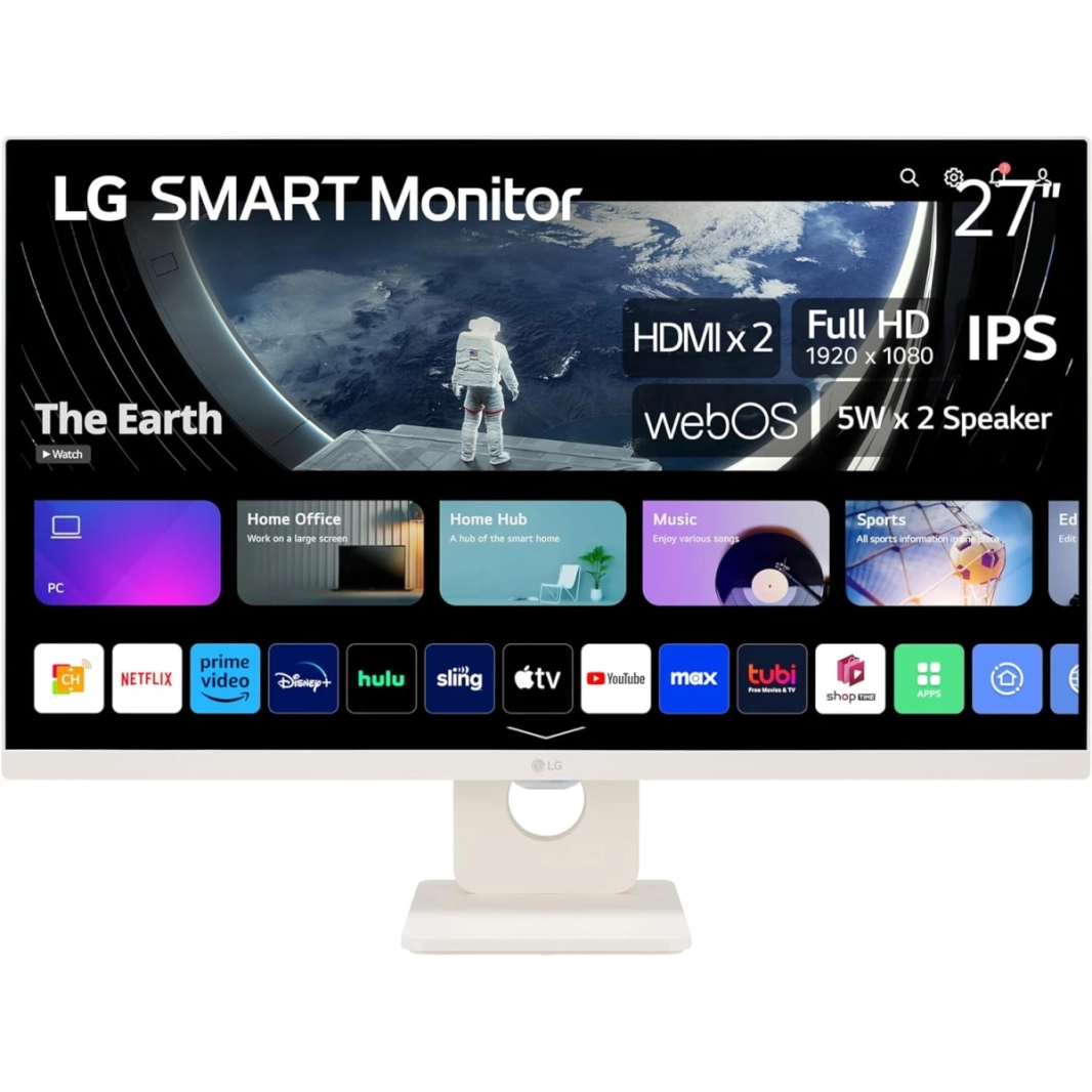 LG 32SR50F (2023) 32 "IPS الذكية Full HD Webos 23 HDR10 AirPlay 2 شارك شارك Bluetooth 5WX2 مكبر صوت Tilt Tilt Stand HDMI و USB - أبيض