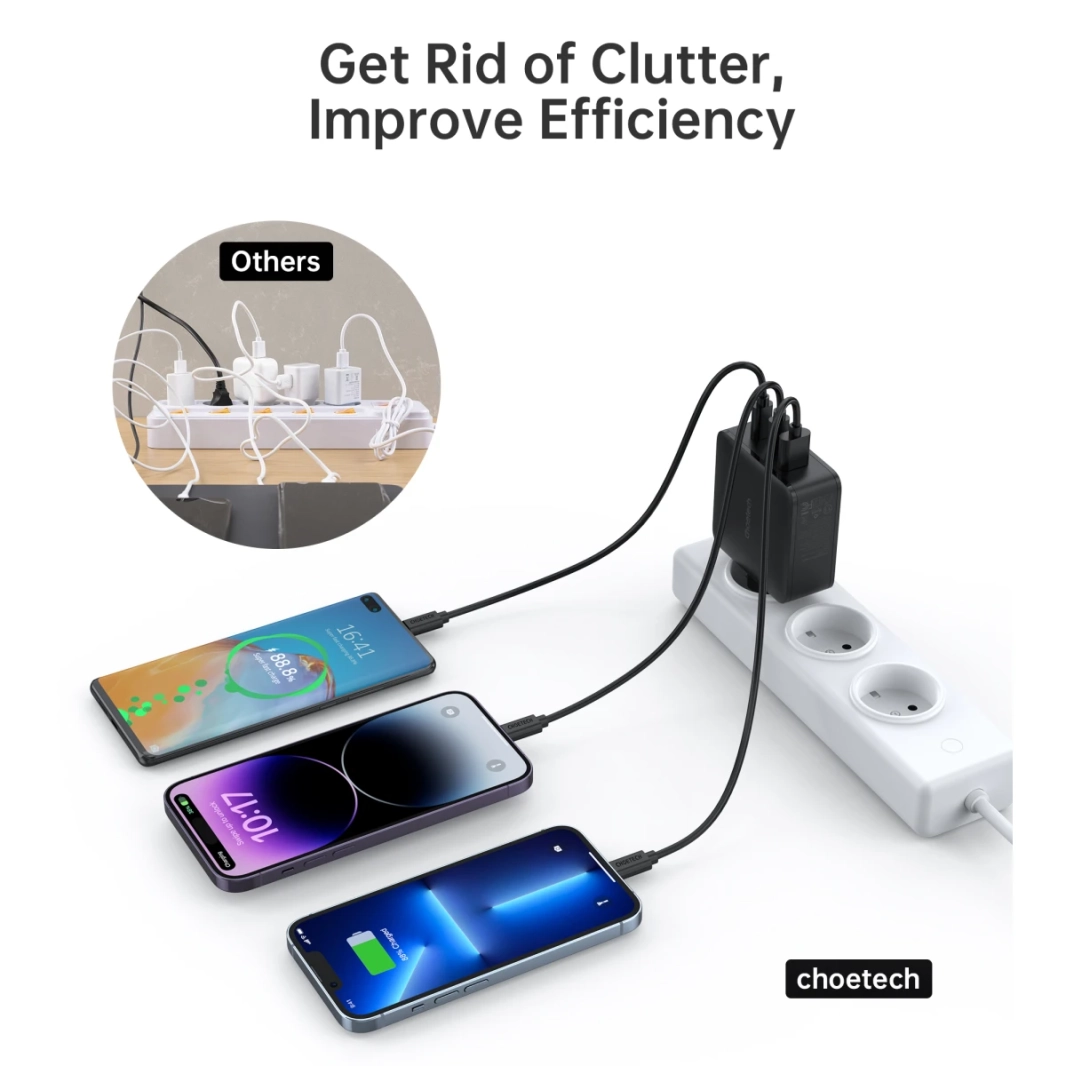 Choetech PD8005 مزدوج USB Type -C & 1x USB A Charger Charger Max 100W Universal Charger for Home ، Work ، Travel - Black