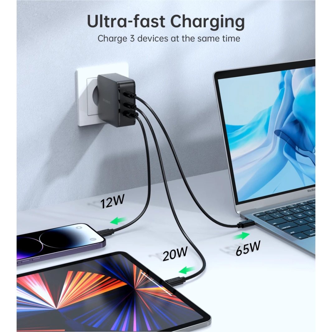 Choetech PD8005 مزدوج USB Type -C & 1x USB A Charger Charger Max 100W Universal Charger for Home ، Work ، Travel - Black