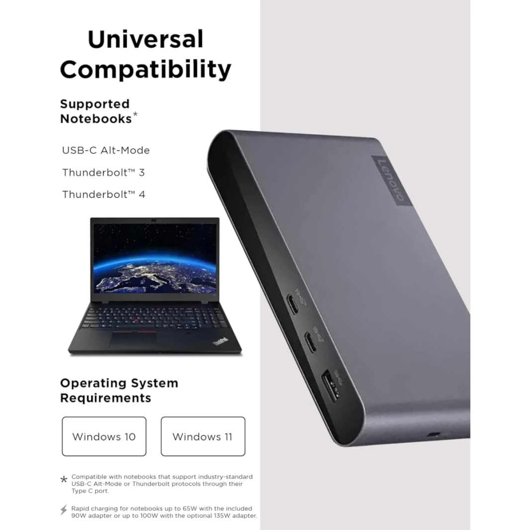 Lenovo Docking Station USB-C Universal Business Dock (1 DP 1.4 & 1 HDMI 2.0) 65W شحن لجهاز الكمبيوتر المحمول (محول طاقة 90W) منافذ 3XUSB-A و 2X USB-C