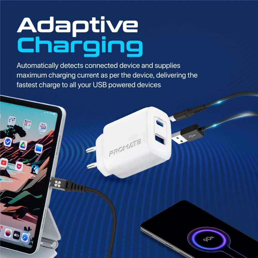 PROMATE BIPLUG-2 USB-C ADAPTER Universal 17W Multi Port Wall Charger مع منفذ 5V/3A Type-C و 5V/2.4A منفذ USB-A المنفذ-أبيض