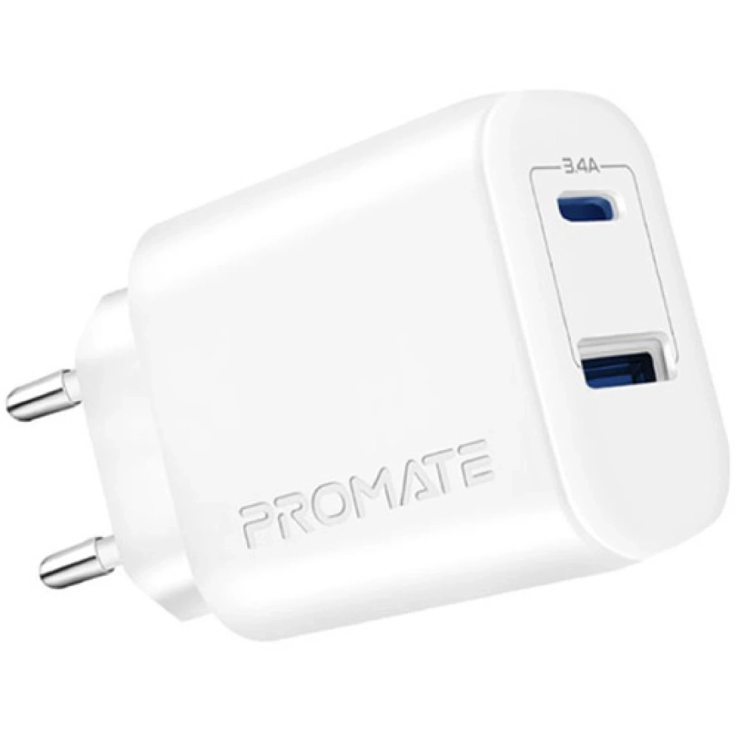 PROMATE BIPLUG-2 USB-C ADAPTER Universal 17W Multi Port Wall Charger مع منفذ 5V/3A Type-C و 5V/2.4A منفذ USB-A المنفذ-أبيض