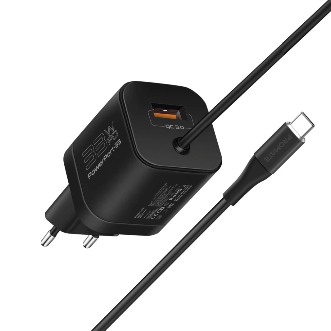 Promate Powerport-PDQC3 USB-C Charger Premium 33W مع 22.5W Charge Charge 3.0 Port & 1.5m Type-C Cable Interface-Black